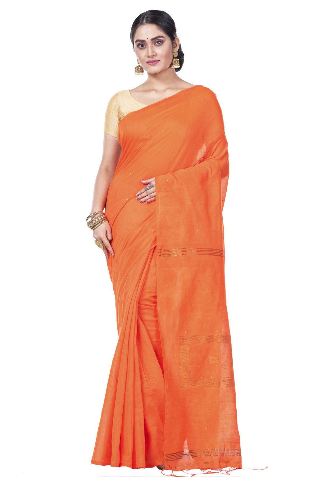 Orange Blended Cotton Sequence_Handloom Hand Loom Saree (469)